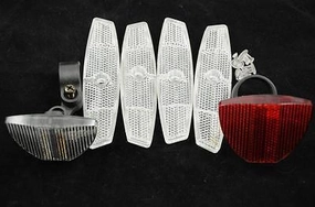 FULL BIKE REFLECTOR SET FRONT,REAR, BRACKETS FOUR WHEEL REFLECTORS SAFETY